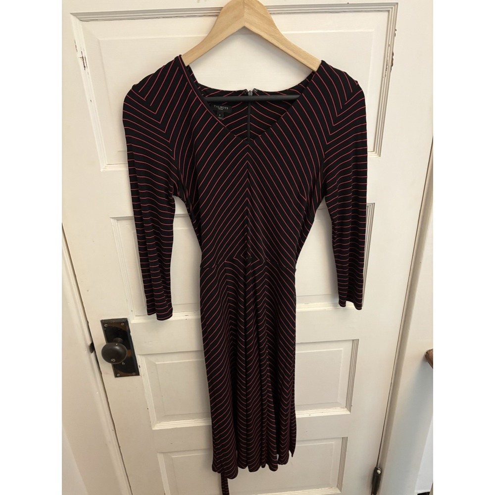 Talbots Women's Black & Pink Striped Dress 3/4 Sleeves Belted Size XS Petite